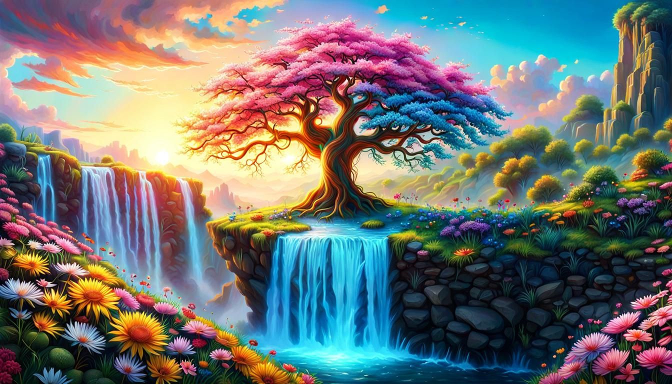 Glowing Tree of Life by Waterfall: Maximalist Digital Art