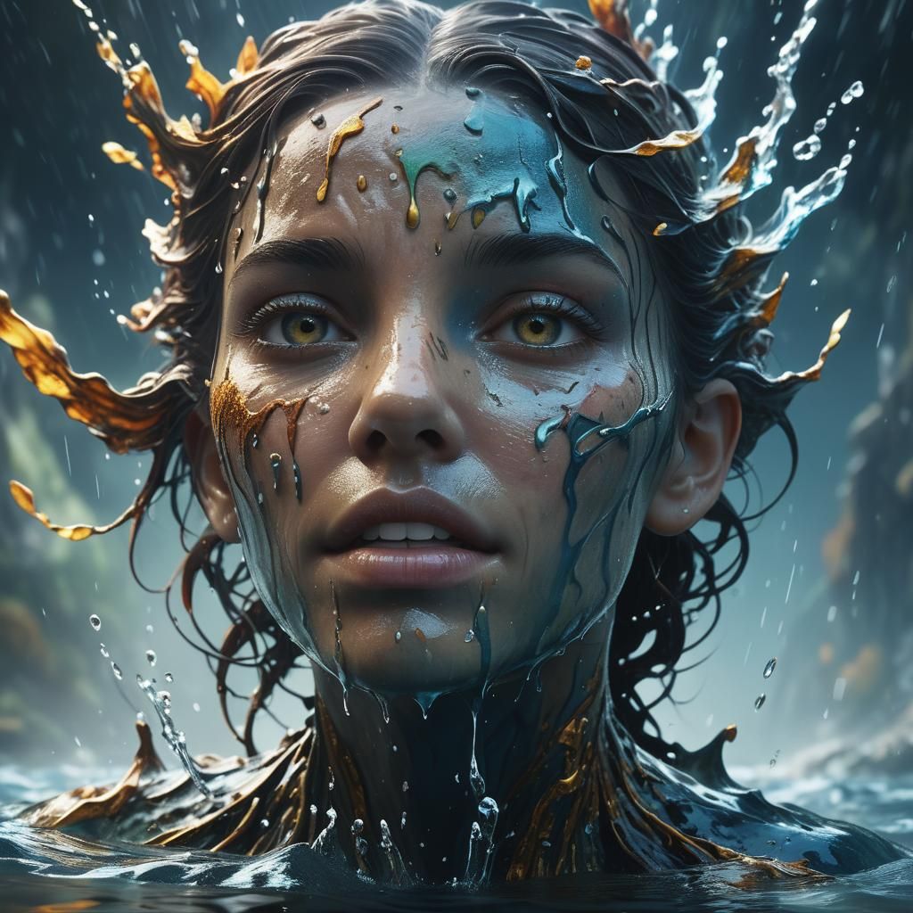 Woman's Face Emerges from Water: Detailed Fantasy Art