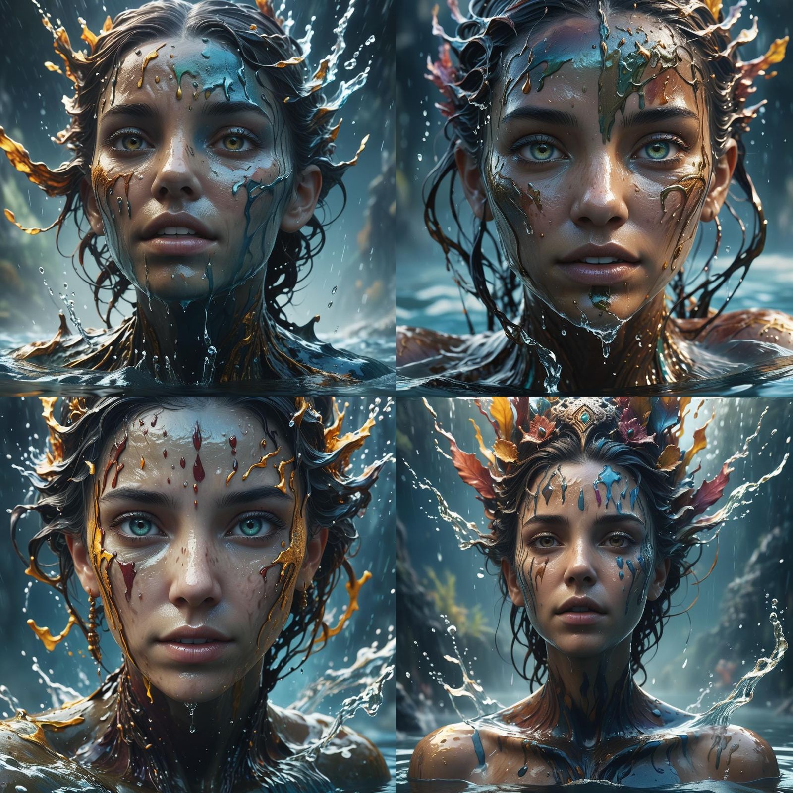 Woman's Face Emerges from Water: Detailed Fantasy Art