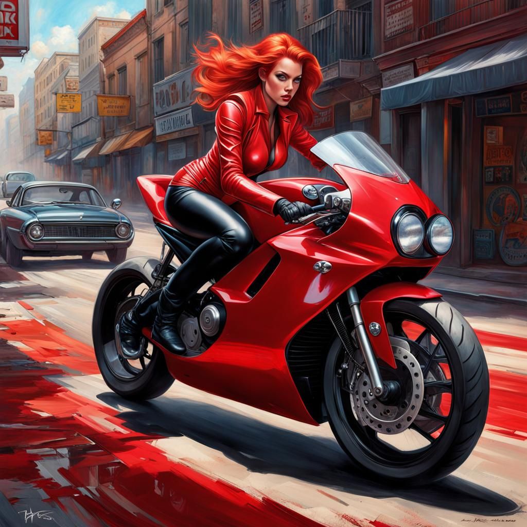 "Beautiful young woman, redhead, dressed in shiny red latex clothing on top of a red and black racing motorbike, on an ...