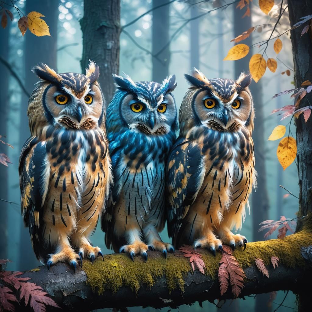 Three Colorful Owls Perched in a Forest Tree