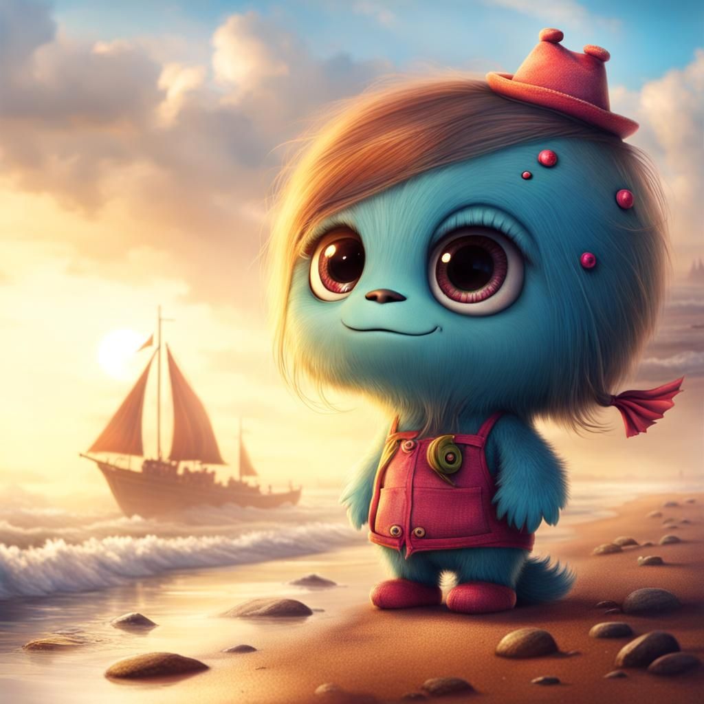 Cute Monster Girl on the Shore in HDR Style