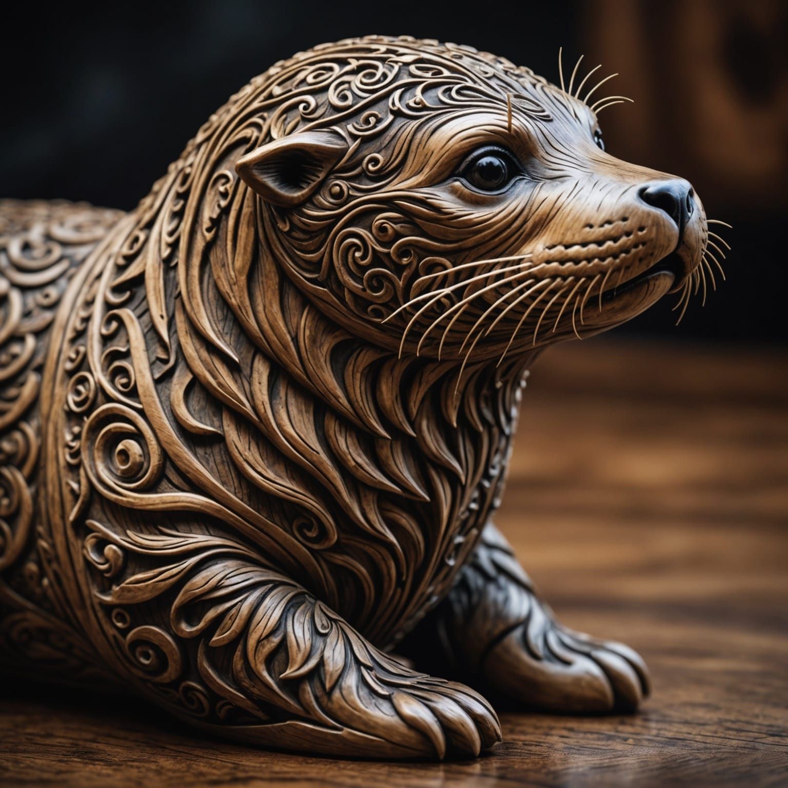Hyperrealistic Wood Carving of a Viking Baby Seal