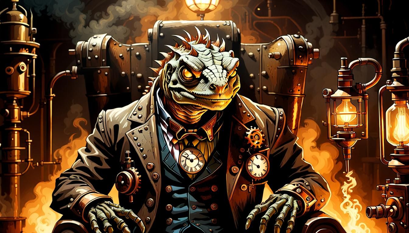 Steampunk Titan in a Dimly Lit Chamber