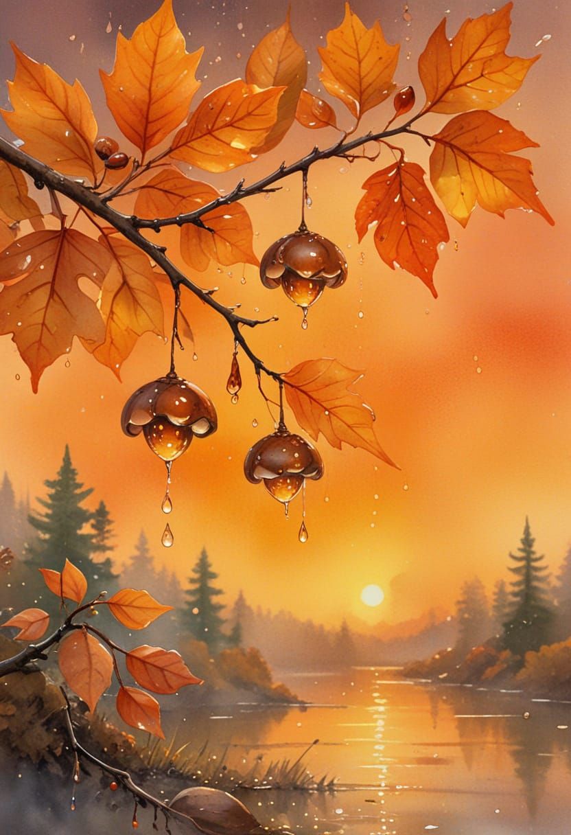 Glowing Autumn Acorns in Watercolor Style