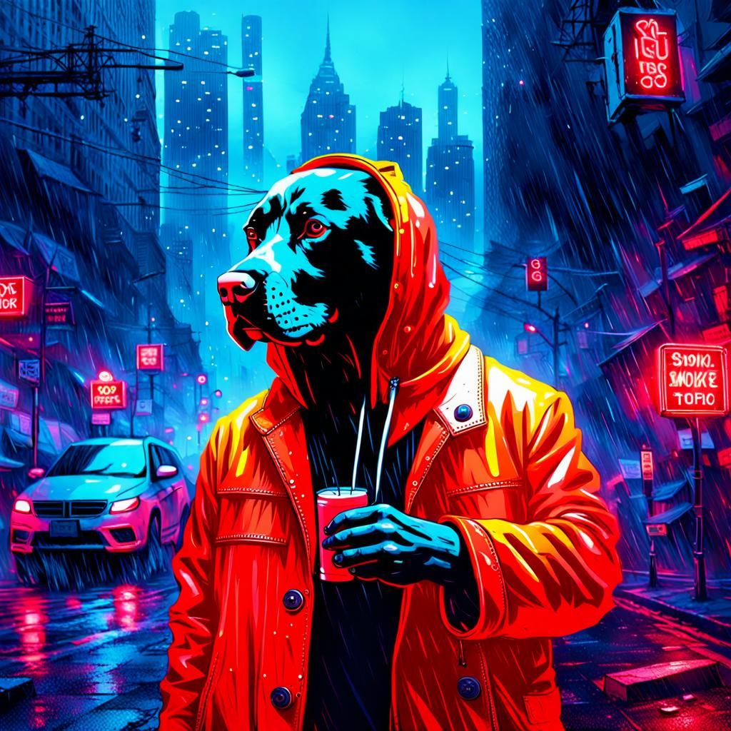 Cyberpunk Dogs in Urban Neon Rainscape