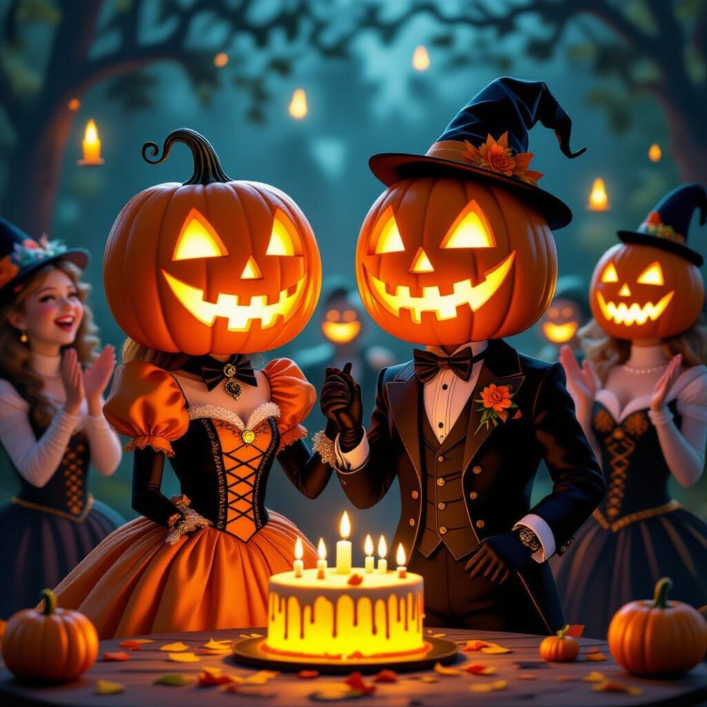 Whimsical Gothic Pumpkin People Dancing in Candlelight