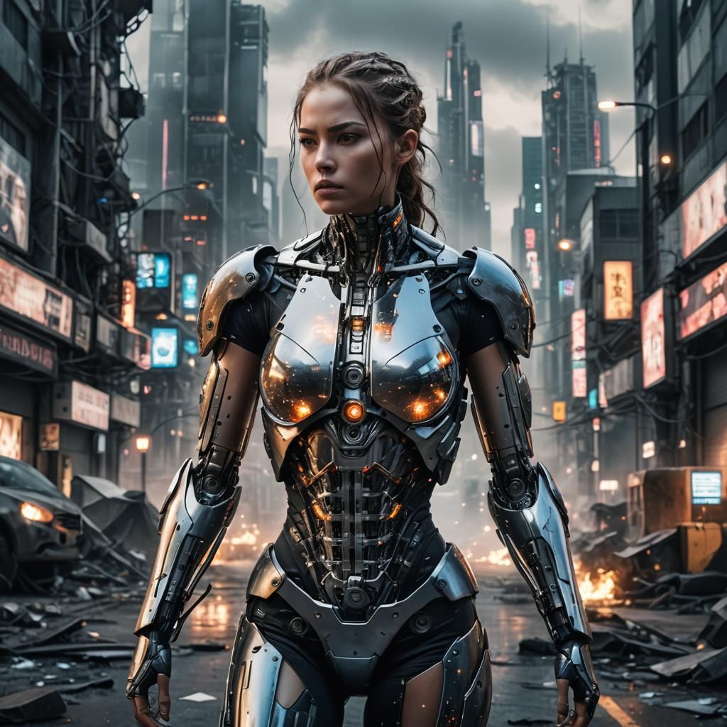 Female Cyborg in Apocalyptic Cityscape