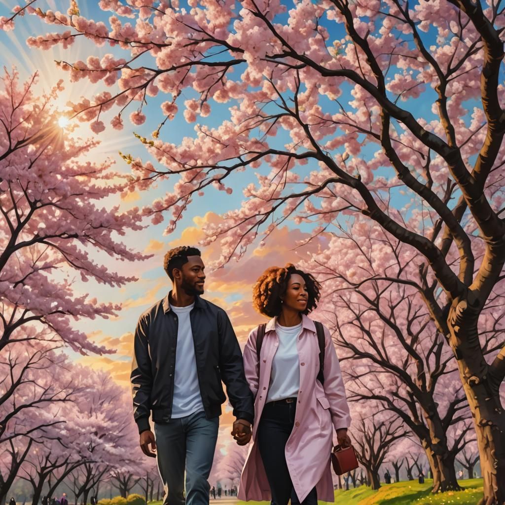 Black Couple Under Cherry Blossoms in Radiant Light