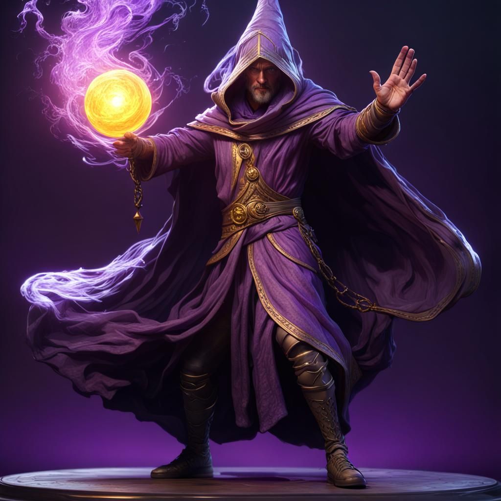Merlin Purple Wizard Casting Lightning Spell in Dark Fantasy
