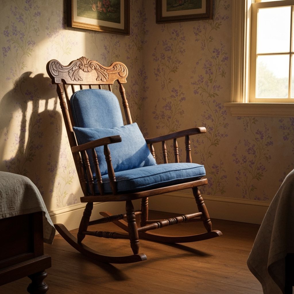 Vintage Rocking Chair in Bedroom with Floral Wallpaper