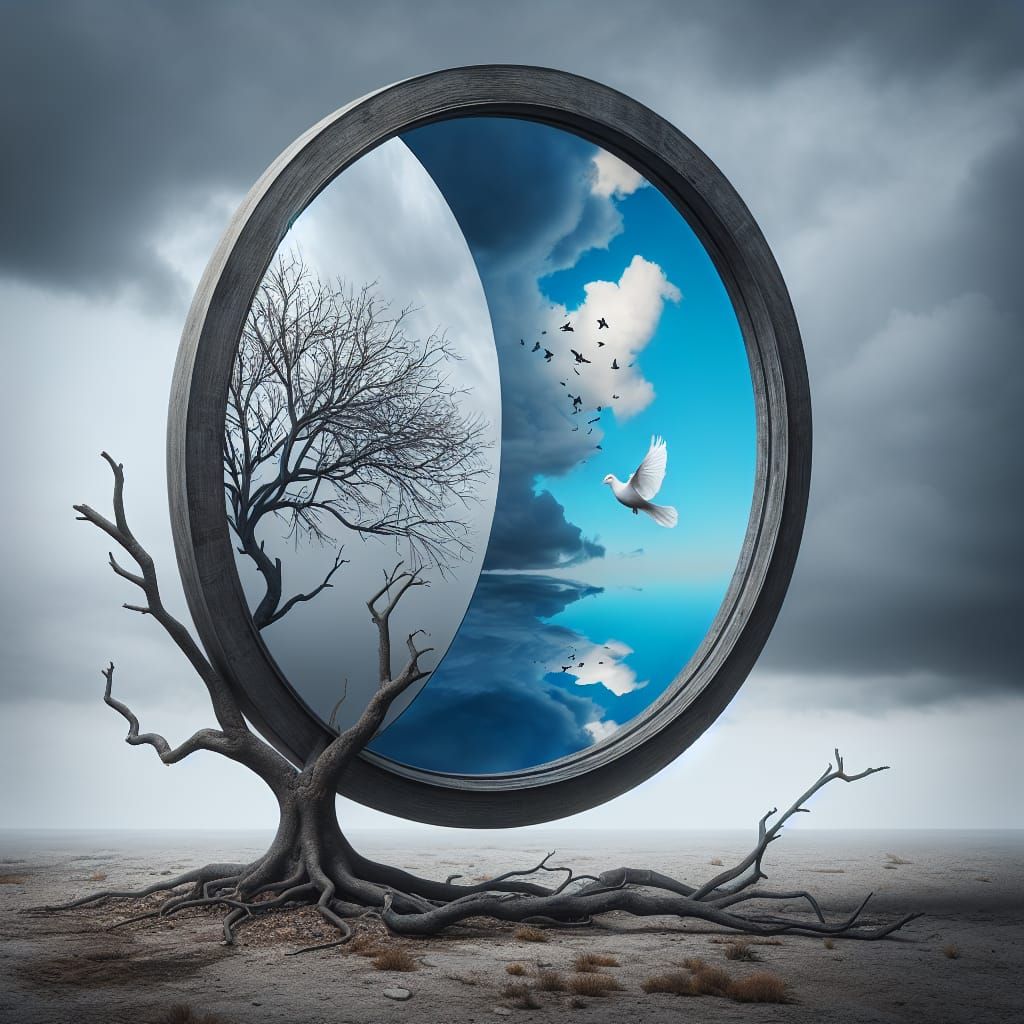Contrasting Worlds: Mirror Reflecting Vibrant Landscape