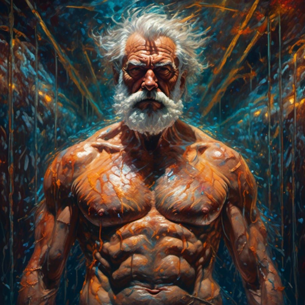 Muscular Elderly Man in Prison: Hyperrealistic Digital Art