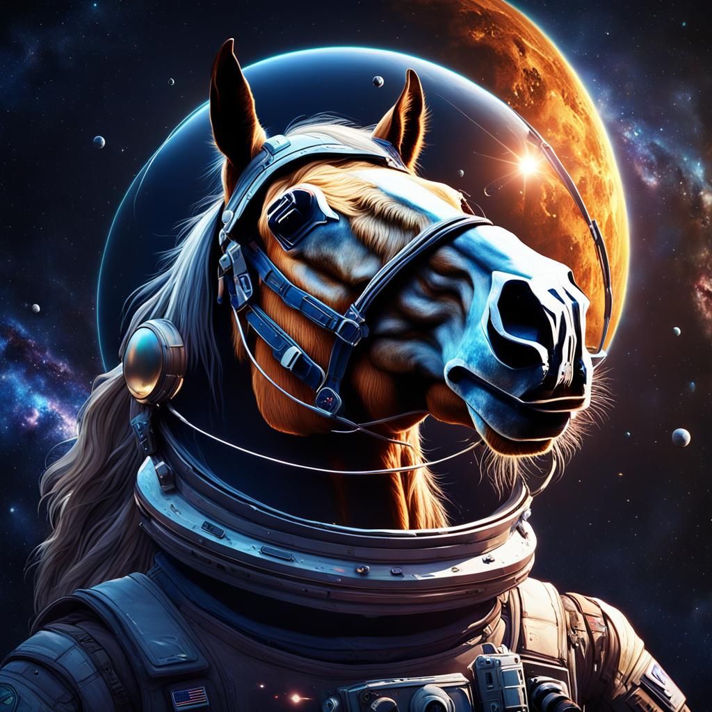 Horse Astronaut in Planetary System: Detailed Matte Painting
