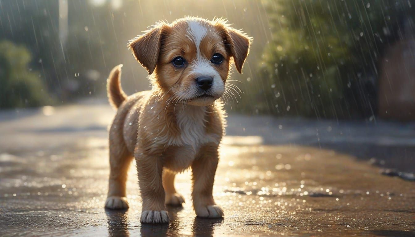 Watercolor Puppy in a Warm Rainy Sunbeam