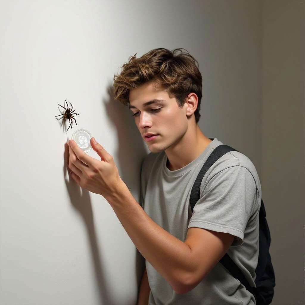 Man Catches Spider with Condom, in Realistic Style