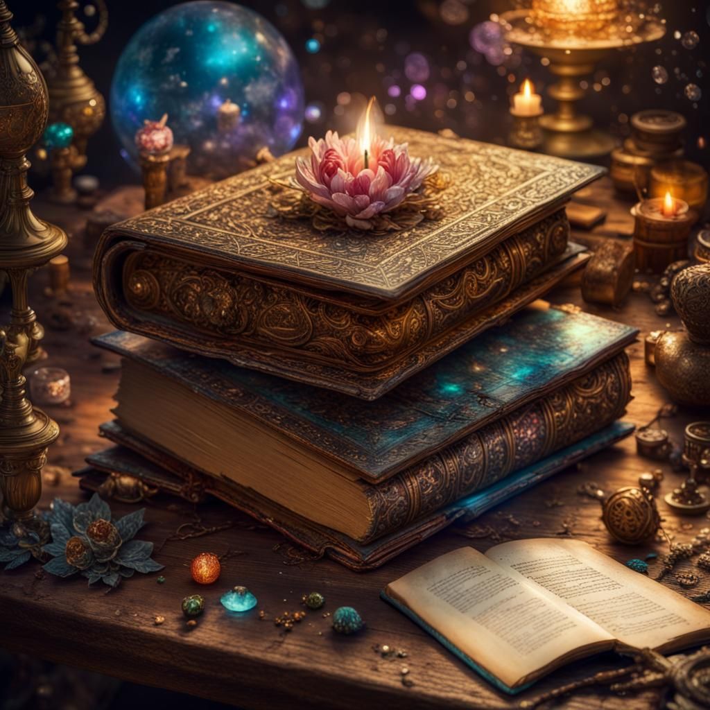 Fantasy Books Surrounded by Fairy Lights