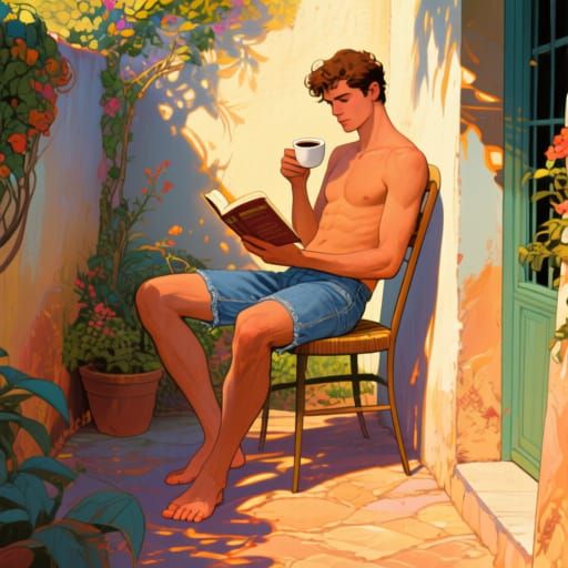 Man Reading in Sunny Garden Alcove