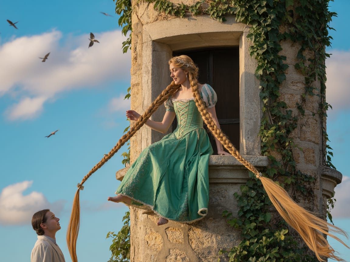 Rapunzel in Tower with Golden Braids