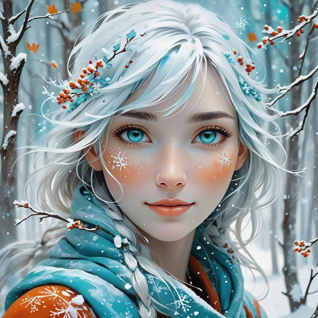 Girl in Snowy Forest with Abstract Brushstrokes