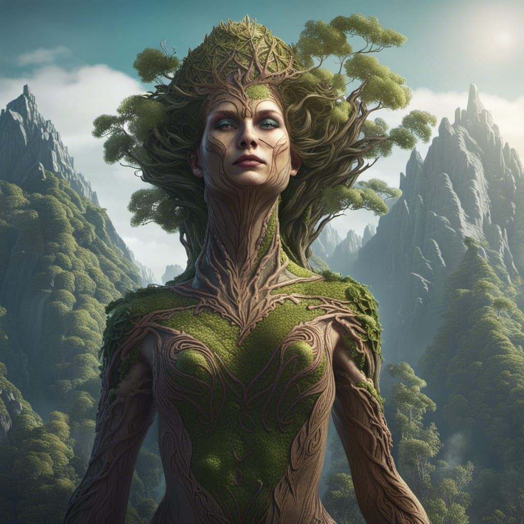 Giant Dryad Dominating Mountain Landscape