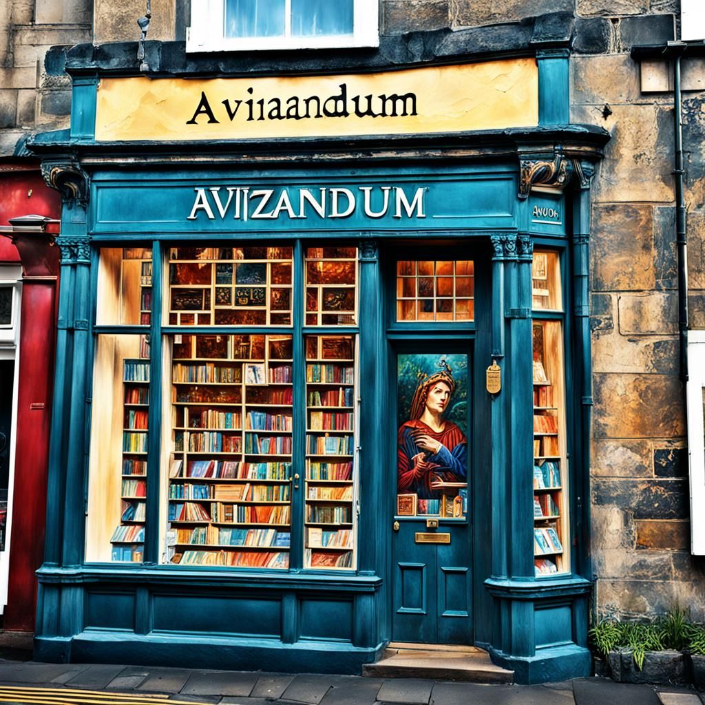 Edinburgh Antique Bookshop Sign in Hyperrealistic Splash Art