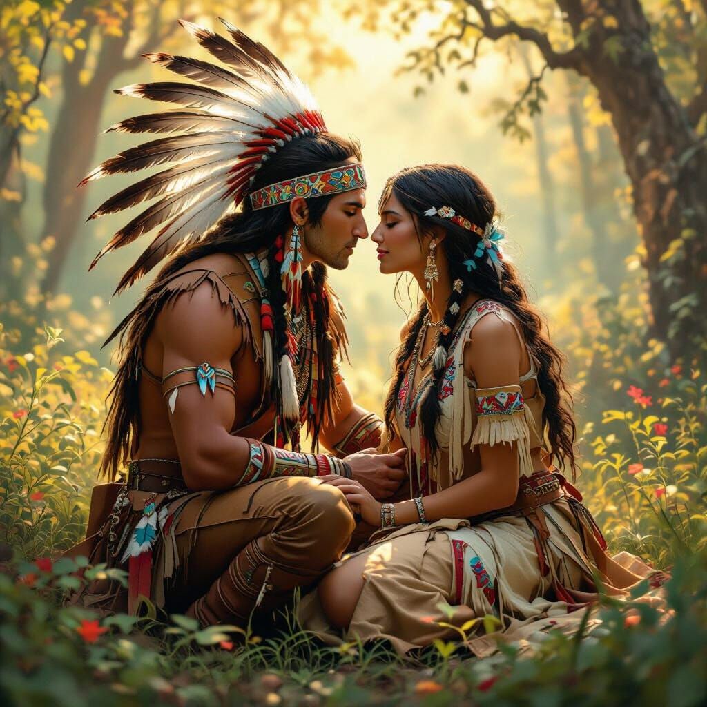 Iroquois Warrior Kissing Maiden in Lush Forest