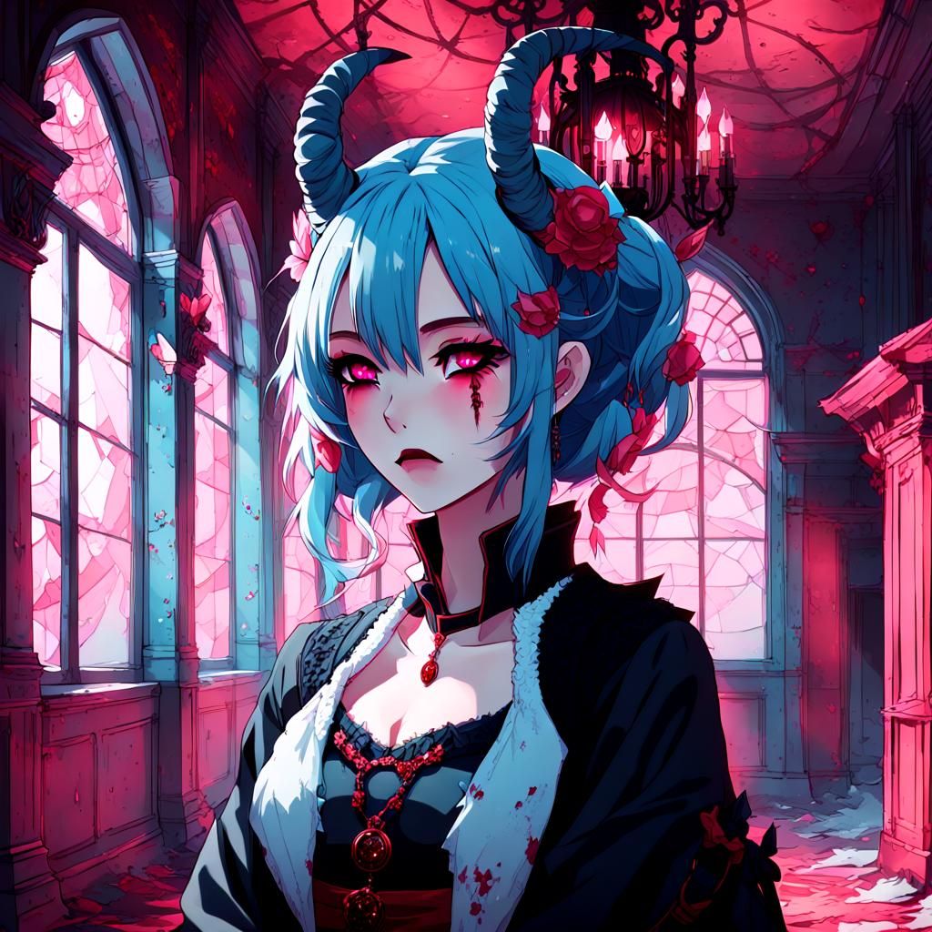 Pastel Gothic Anime Girl in Creepy Mansion