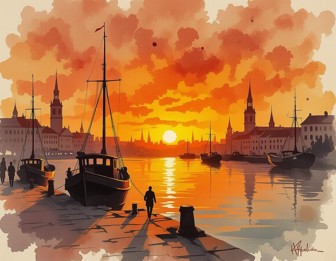 Kafkaesque Autumn Harbor Sunset in Heavy Impasto Style