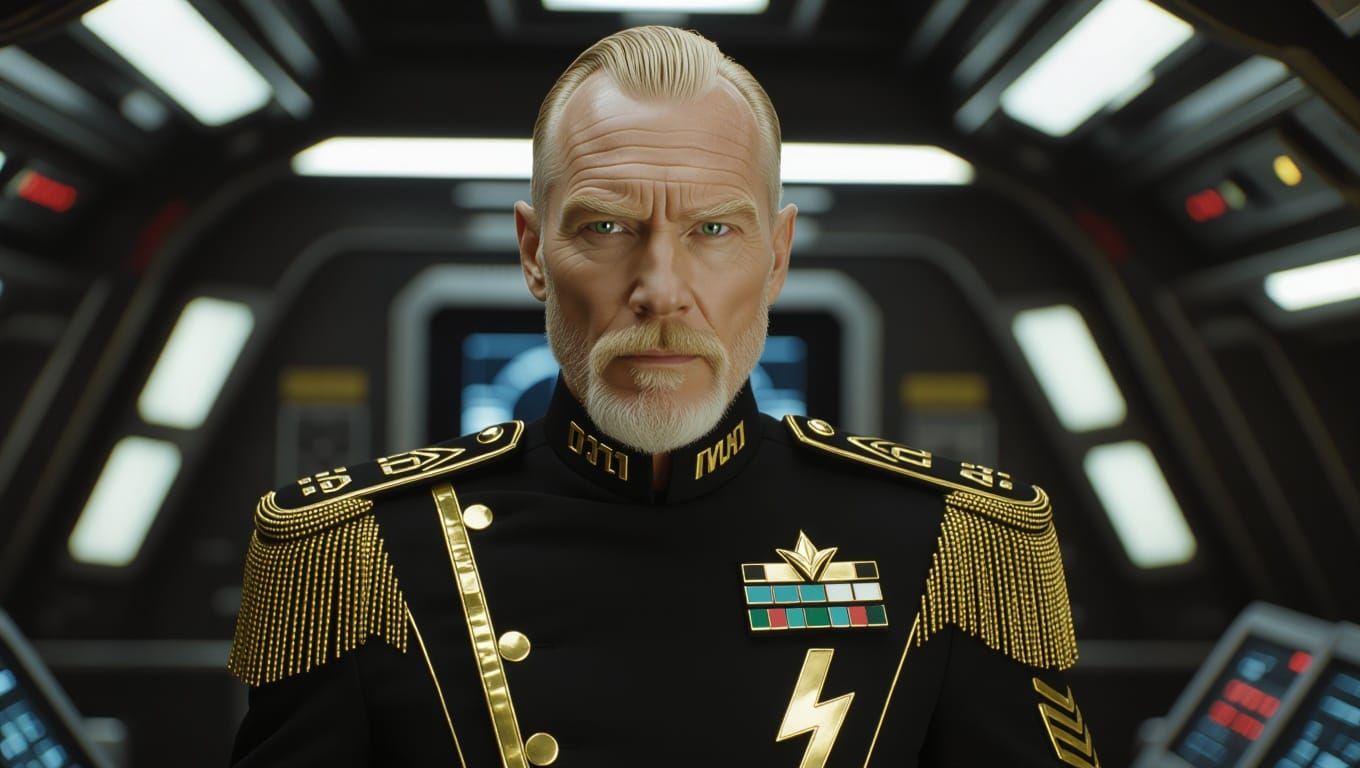 Tall Sci-Fi Admiral in Starship Command Center