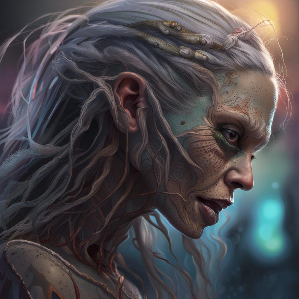 Detailed Portrait of Gaunt Night Hag in Splash Art