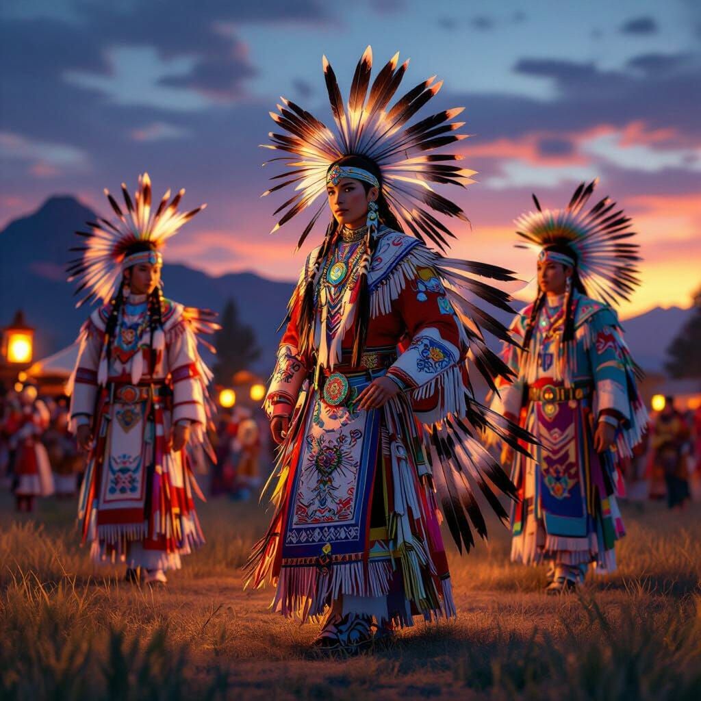 Vibrant Powwow Ceremony in Twilight Anime Style