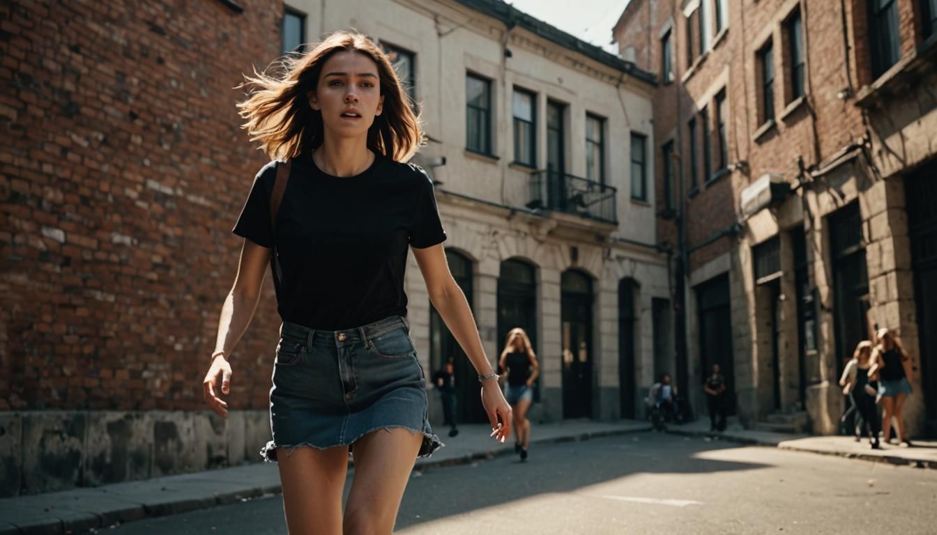 Terrified Girl Runs in Cinematic Film Still