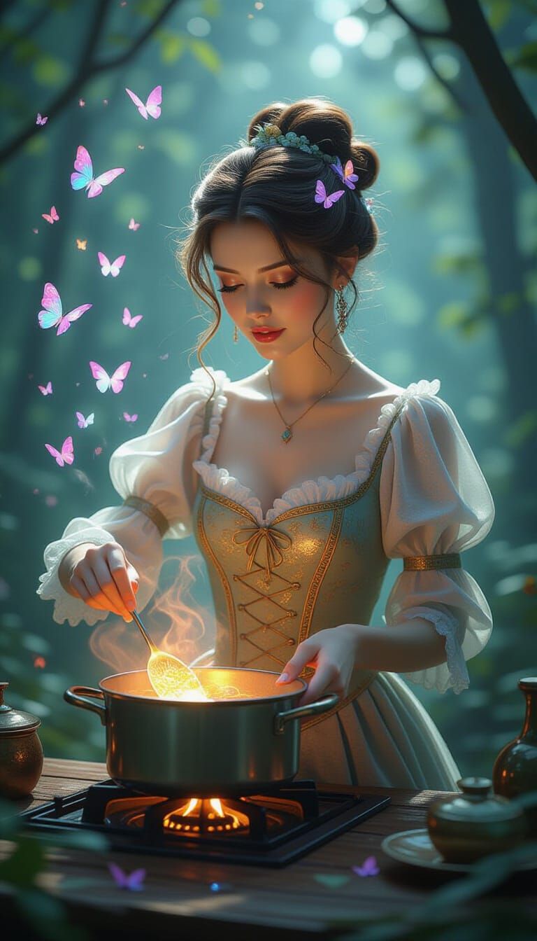 Glass Woman Cooking in Magical Forest Kitchen