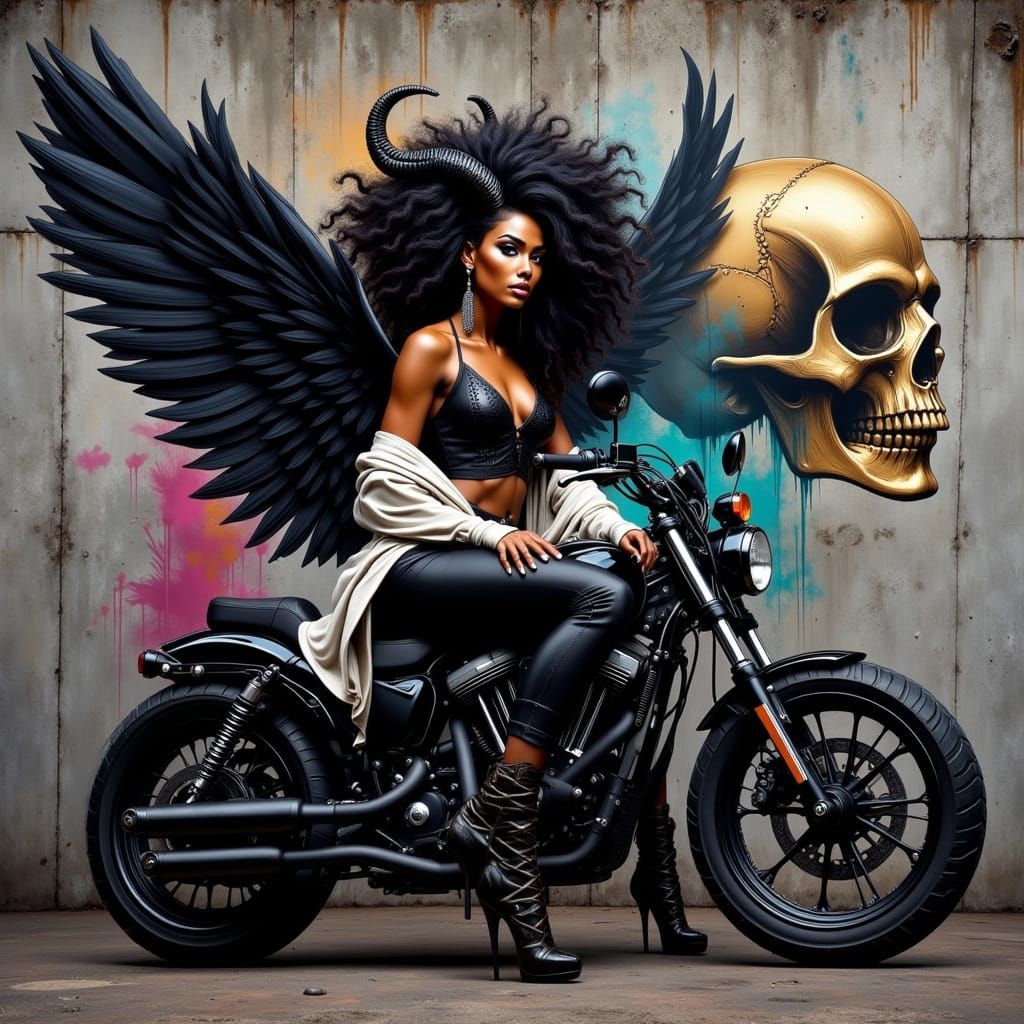Horned Woman with Motorcycle and Graffiti Art