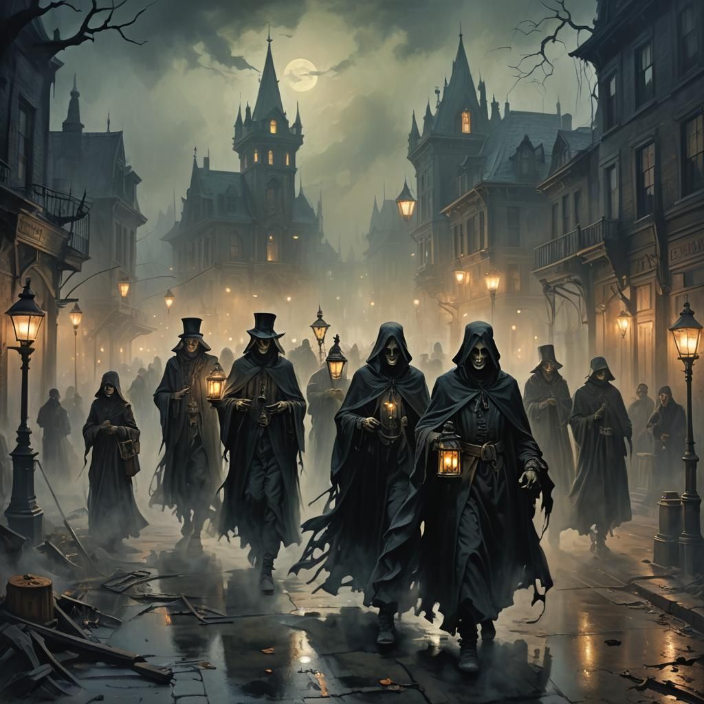 Ghostly Procession Through Gothic Cityscape, Oil Painting