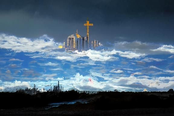 Coastal Skyline in Byzantine Comic Art Style