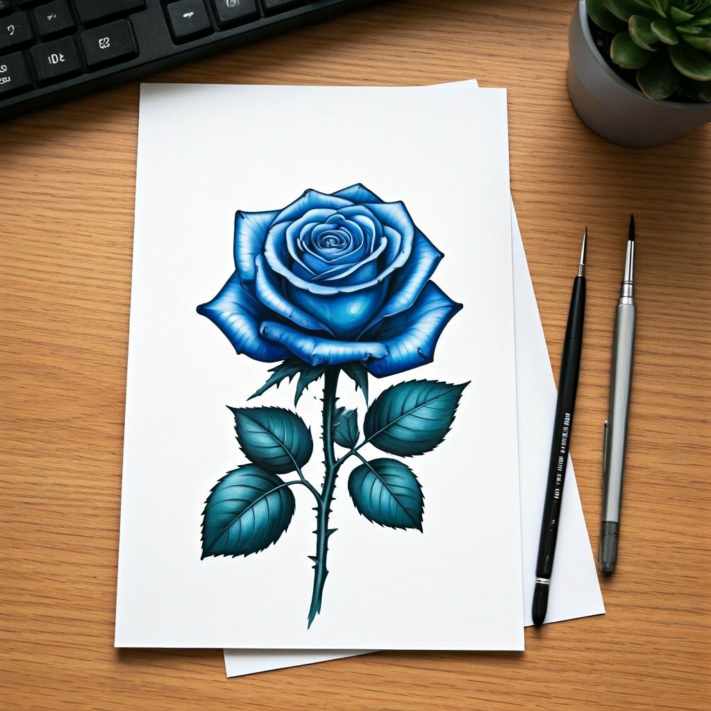 Blue Rose Colored Sketch on White Paper