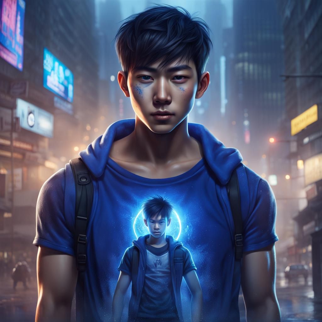 beautiful muscular asian twink boy, stunning eyesight, wearing T-shirts, adorable, in urban nightlight city view, near f...