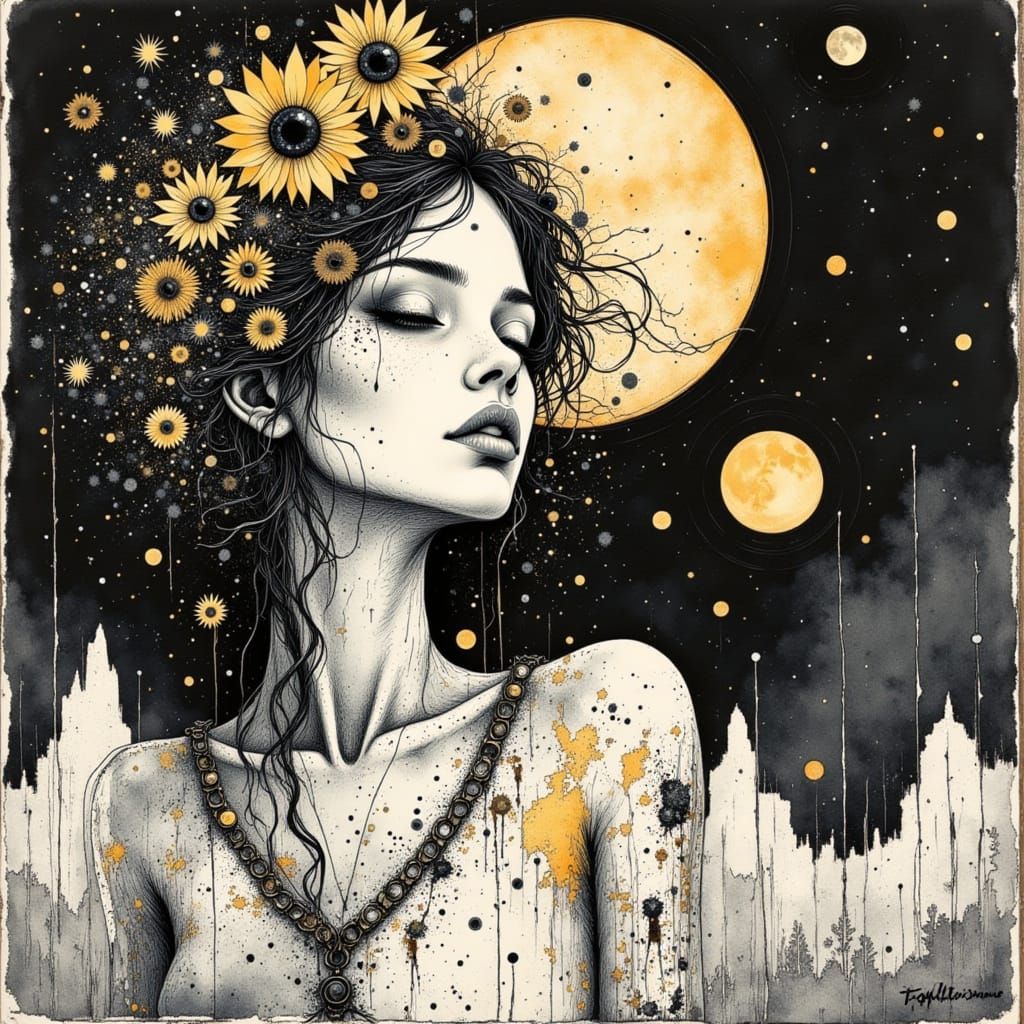 Woman Under Moon With Sunflowers in Ink Blot Style