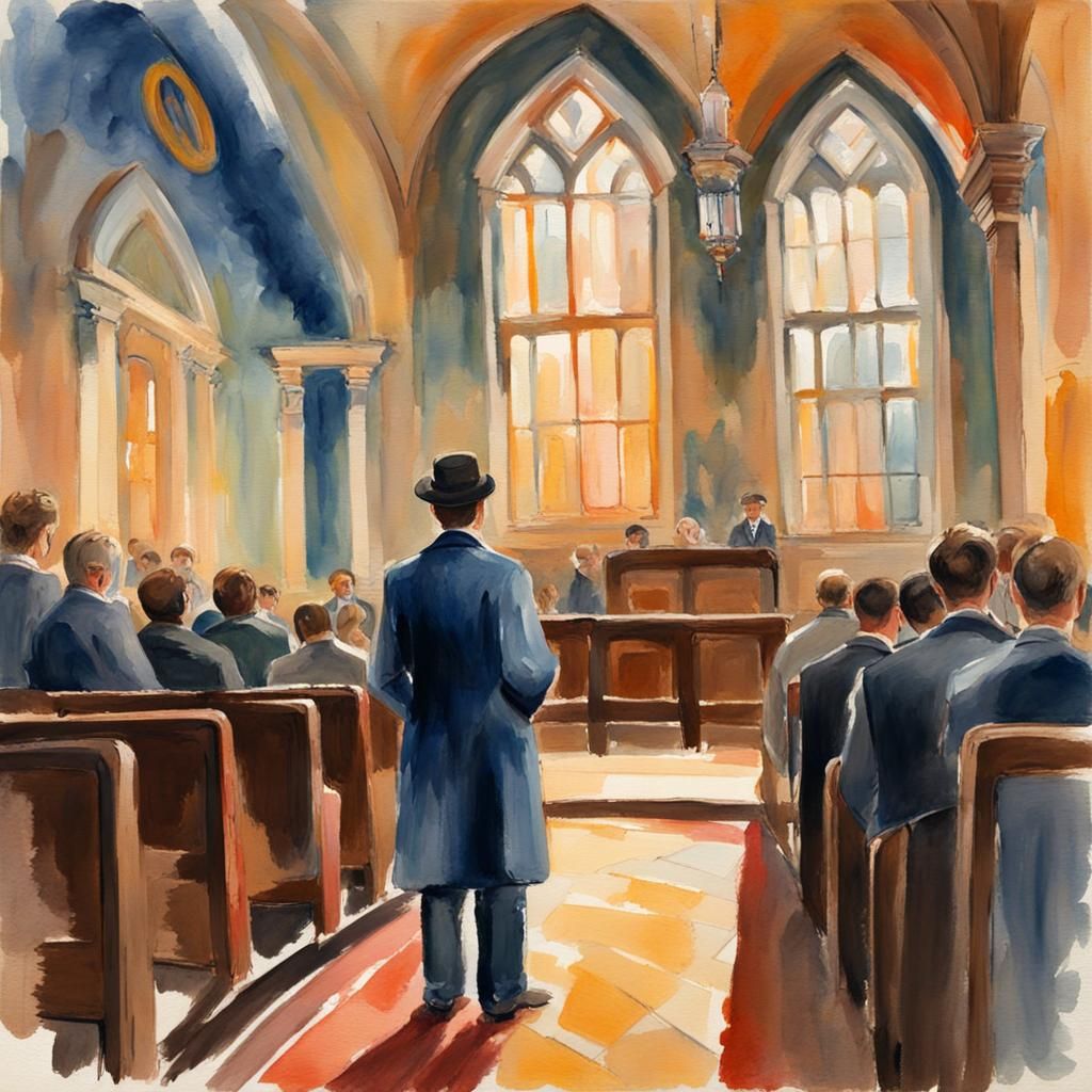 Synagogue Scene in Gouache Style