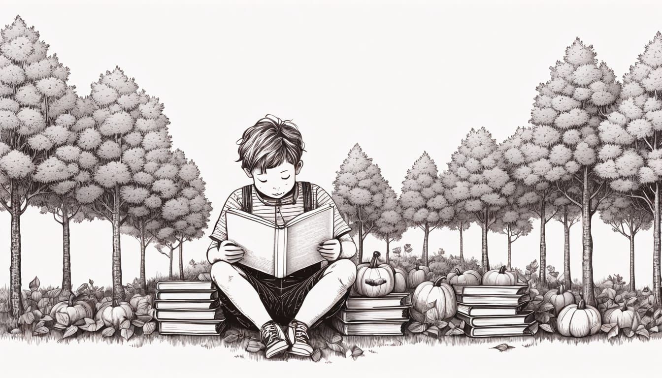 Cute Pumpkin Boy Reading Book in Forest Line Art