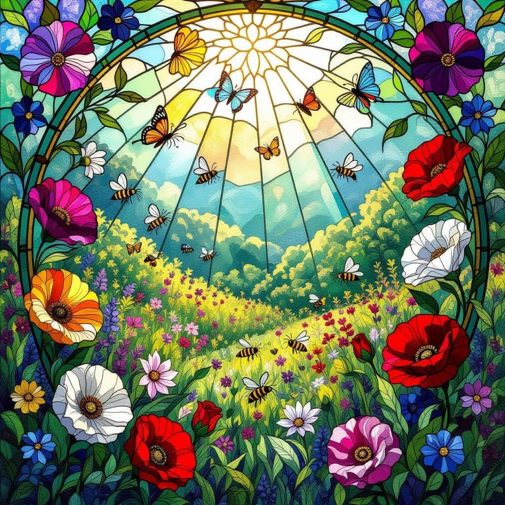 Vibrant Stained Glass Mosaic of Flowers, Birds, and Butterfl...