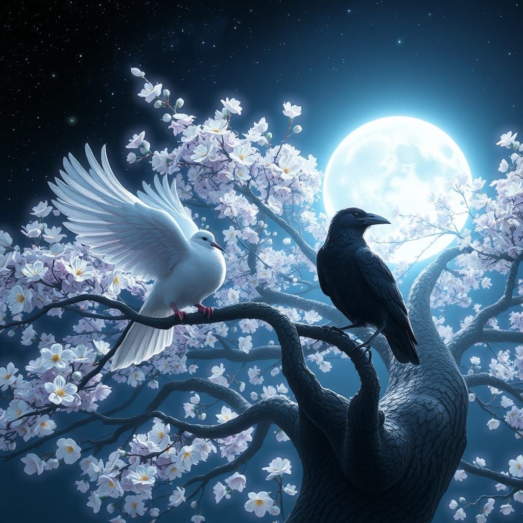Dove and Crow Under Blossom Tree in Anime Style
