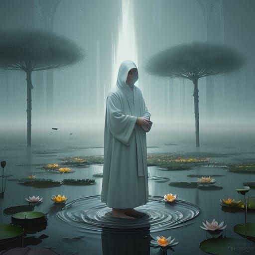 Mystical Figure in Moonlit Lake, in Futuristic Fantasy Style