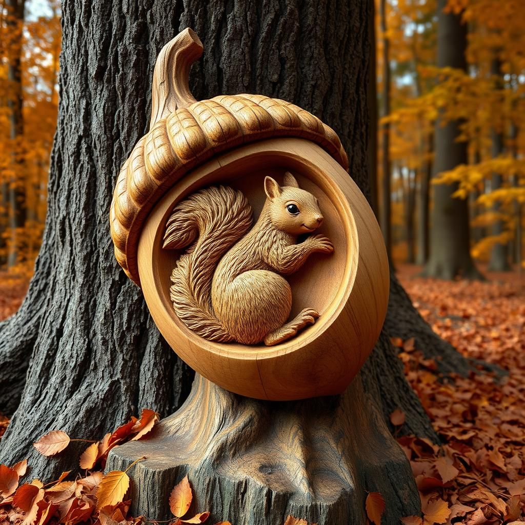 Wooden Acorn Sculpture with Squirrel Carving