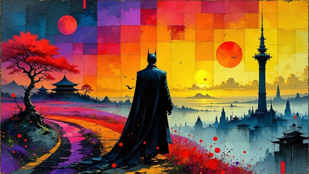 Futuristic Batman Silhouetted Against Neon Cityscape in Dark...