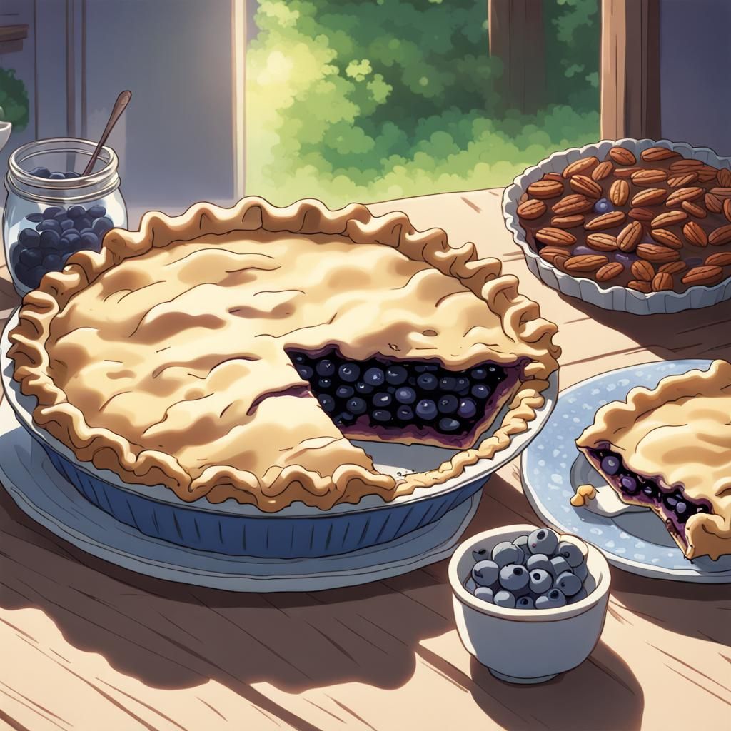 Blueberry and Pecan Pies in Anime Style