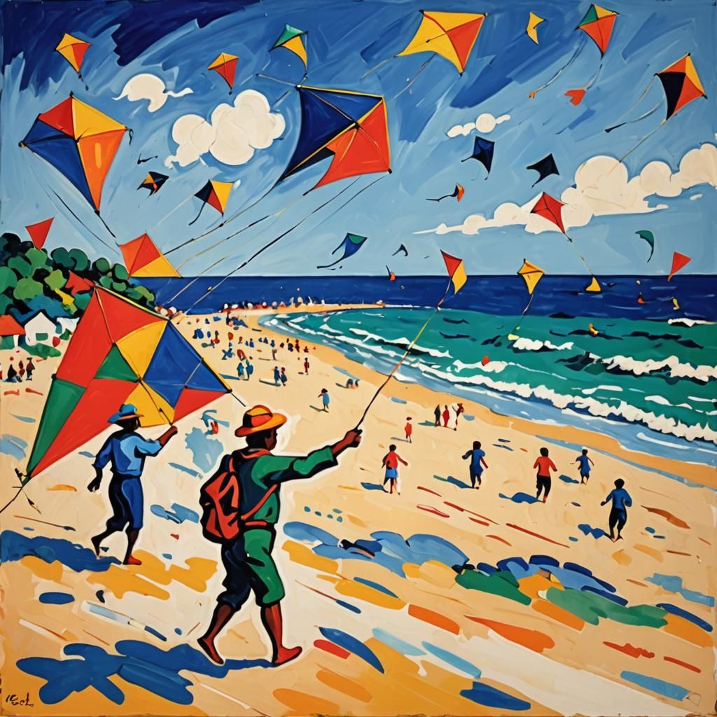 Fauvist Kite-Flying Scene with Bold Colors