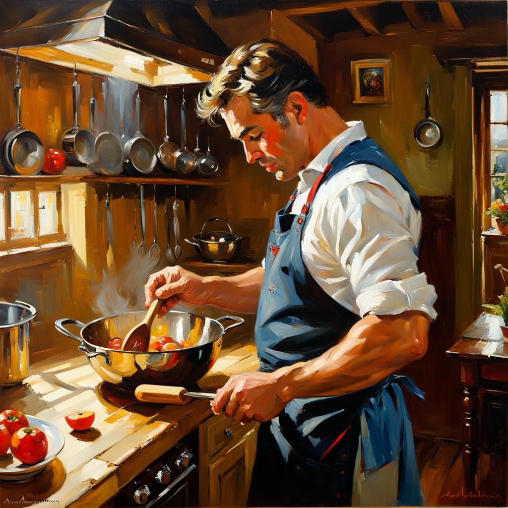 Man Cooking in Kitchen, Expressionist Fine Art